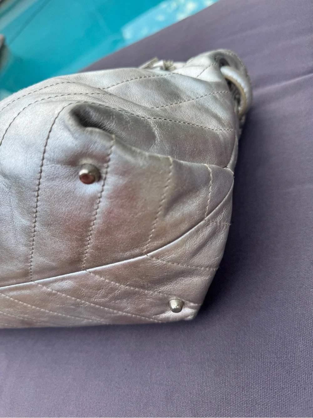 Furla Metallic Silver Leather Chevron Quilted Tote Tassel Bag VGUC Y2K